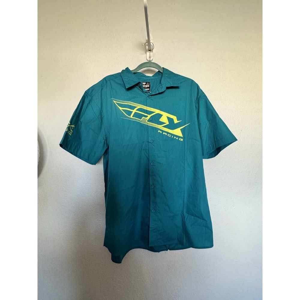 Fly Racing‎ Button Up Shirt XL Teal Green Moto BMX ATV Racing Workwear Logo